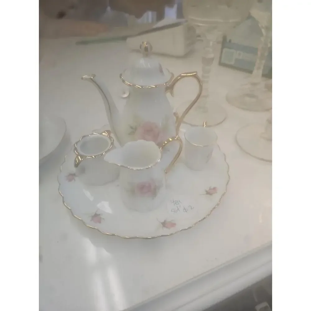 Victorian 10 Piece Porcelain Pink Rose Mini Tea Set With Gold Trim Dollhouse